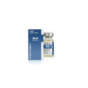 Vial of Alpha Lipoic Acid (ALA) beside blue Power Pharmacy box on a white surface, product shot.