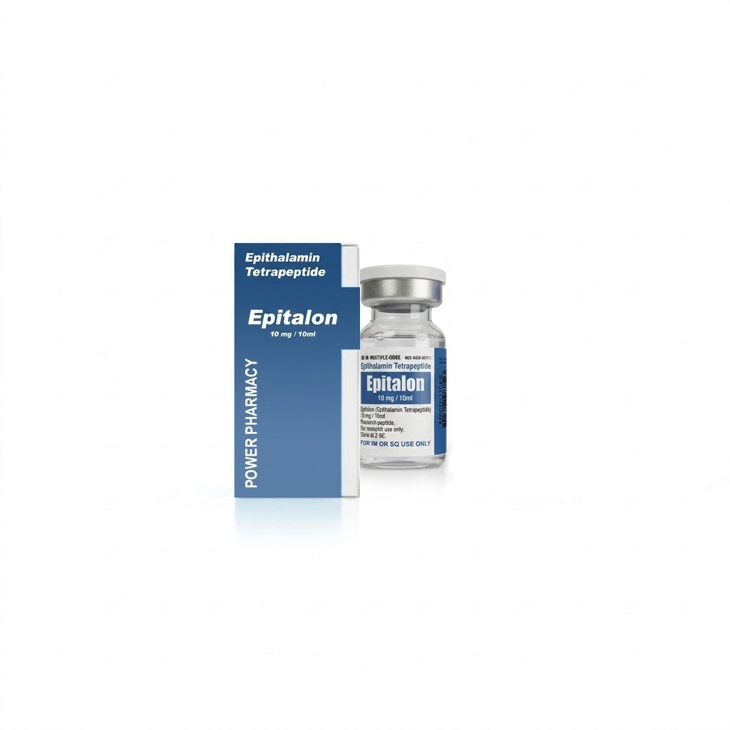 Blue box labeled Epitalon alongside a glass vial with blue and white label, medical packaging on a white surface