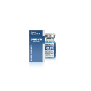 Blue box labeled Copper Tripeptide-1 beside a small vial of blue liquid (GHK-CU) used in a pharmacy product.