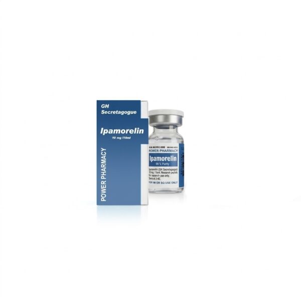 Blue box labeled Ipamorelin beside a small glass vial on a white background, product packaging visible in the foreground.