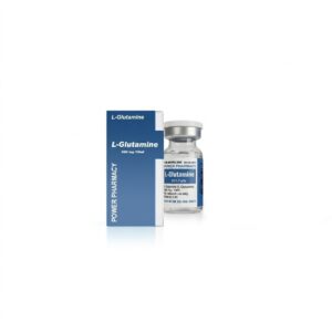 Blue box labeled L-Glutamine with a small glass vial of L-Glutamine beside it on a white surface.