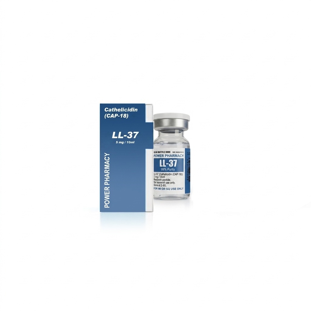 Vial labeled LL-37 beside a blue box reading Power Pharmacy, white cap and blue branding