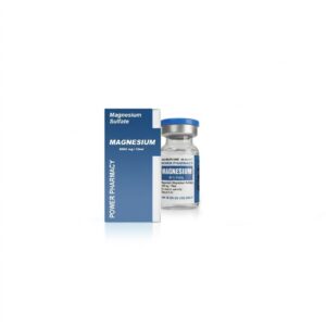 Box labeled Magnesium with a small glass vial of magnesium sulfate beside it, blue and white packaging, medicinal context.