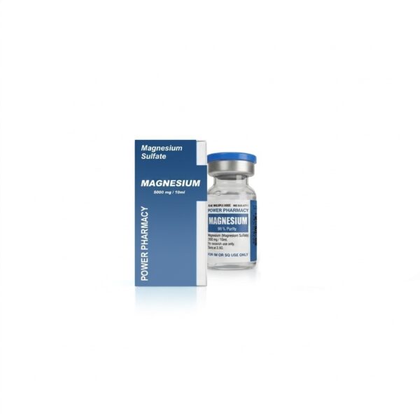 Box labeled Magnesium with a small glass vial of magnesium sulfate beside it, blue and white packaging, medicinal context.