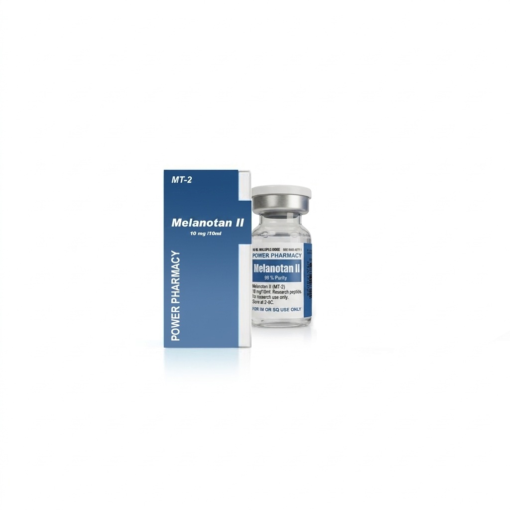 Vial of Melanotan II with blue label beside matching blue box reading Power Pharmacy on a white background with reflection