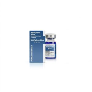 Blue glass vial labeled Methylene Blue with a blue box beside it, packaging branded 'Power Pharmacy' (for laboratory use).