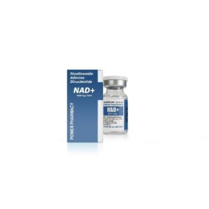 Blue box and glass vial labeled NAD+ supplement (Nicotinamide Adenine Dinucleotide) from Power Pharmacy, on a white background