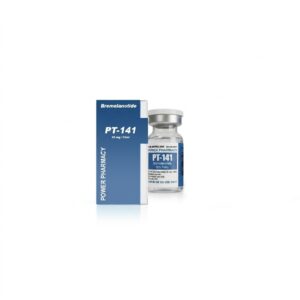 Vial labeled PT-141 Bremelanotide next to a blue Power Pharmacy box on a white background