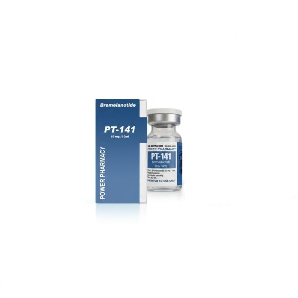 Vial labeled PT-141 Bremelanotide next to a blue Power Pharmacy box on a white background