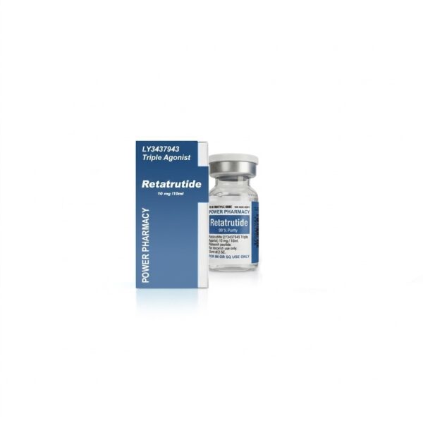 Blue and white medicine box labeled Retratide beside a small glass vial with a metal cap, on a white background (pharmacy packaging).