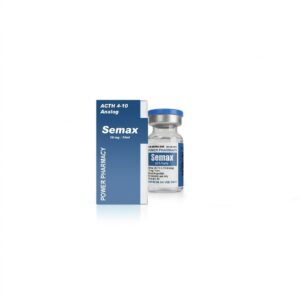 Box and vial of Semax neuropeptide medication (ACTH 4-10 Analog), blue packaging with Power Pharmacy branding and 10 mg/10 ml labeling, blue cap vial beside it