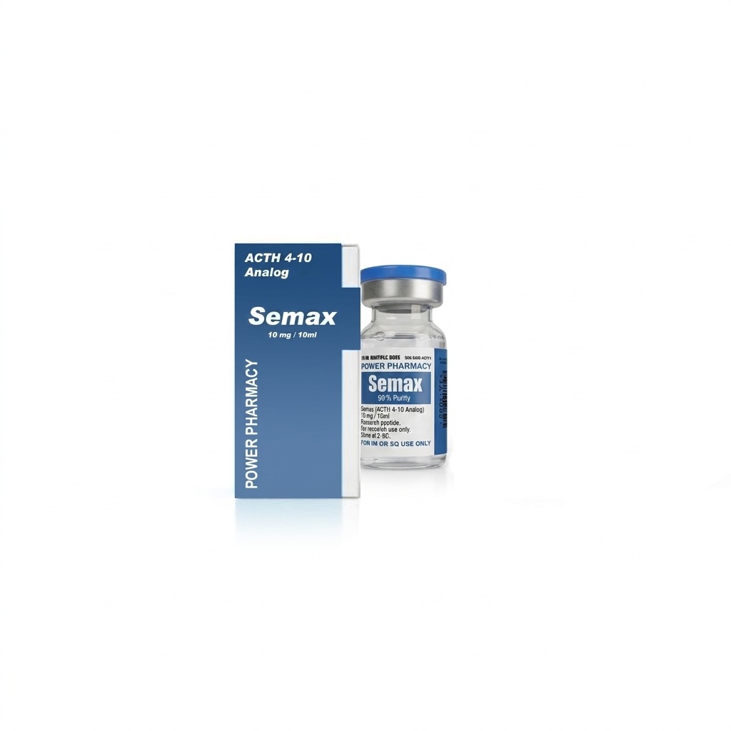 Box and vial of Semax neuropeptide medication (ACTH 4-10 Analog), blue packaging with Power Pharmacy branding and 10 mg/10 ml labeling, blue cap vial beside it