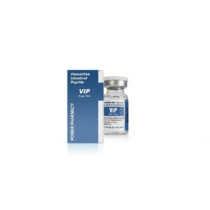 VIP vasoactive intestinal peptide vial shown beside a blue Power Pharmacy box, product packaging in focus on a white background, medical vial with label details partially visible